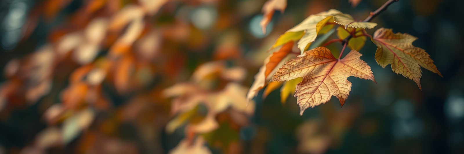 Autumn leaves in a serene forest setting create a vibrant tapestry of color during a warm afternoon stroll